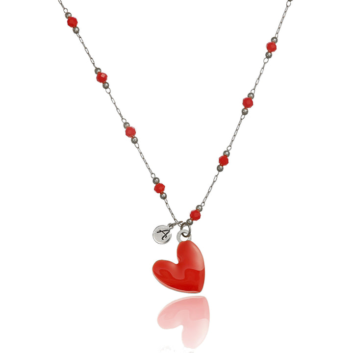Collana con cuore e iniziale in acciaio rodiato
