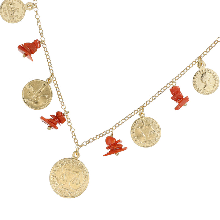Collana con corallo e monete in argento 925‰ dorato