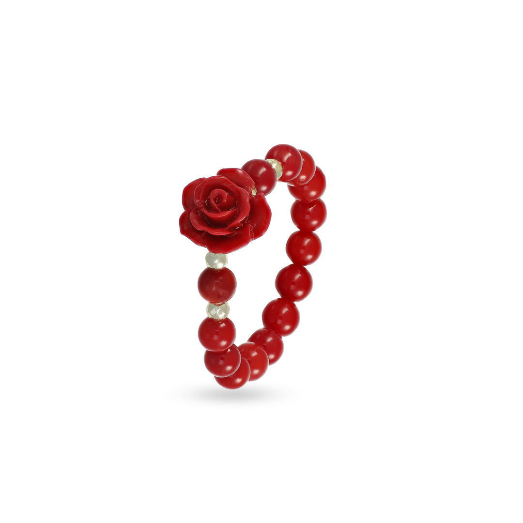 Anello elastico in corallo bambù con rosa rossa e pallini in ematite gold