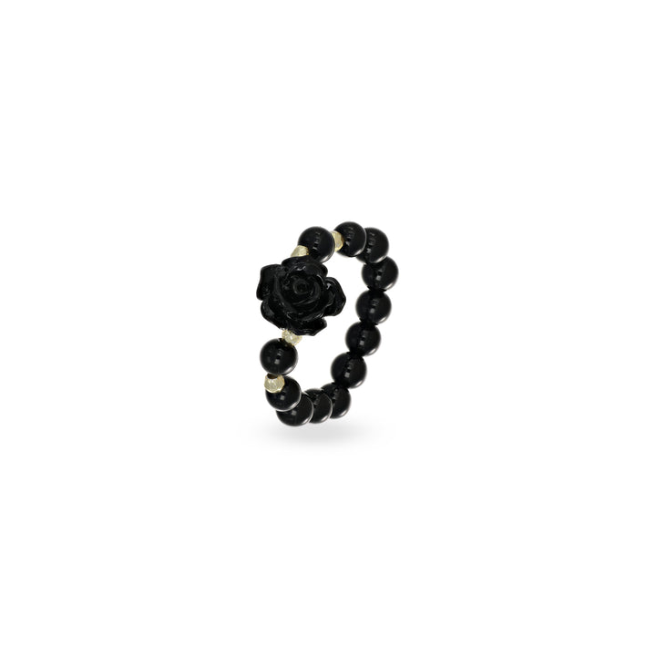 Anello elastico in onice con rosa nera e pallini in ematite gold