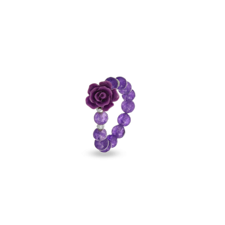 Anello elastico in ametista con rosa viola e pallini in ematite silver