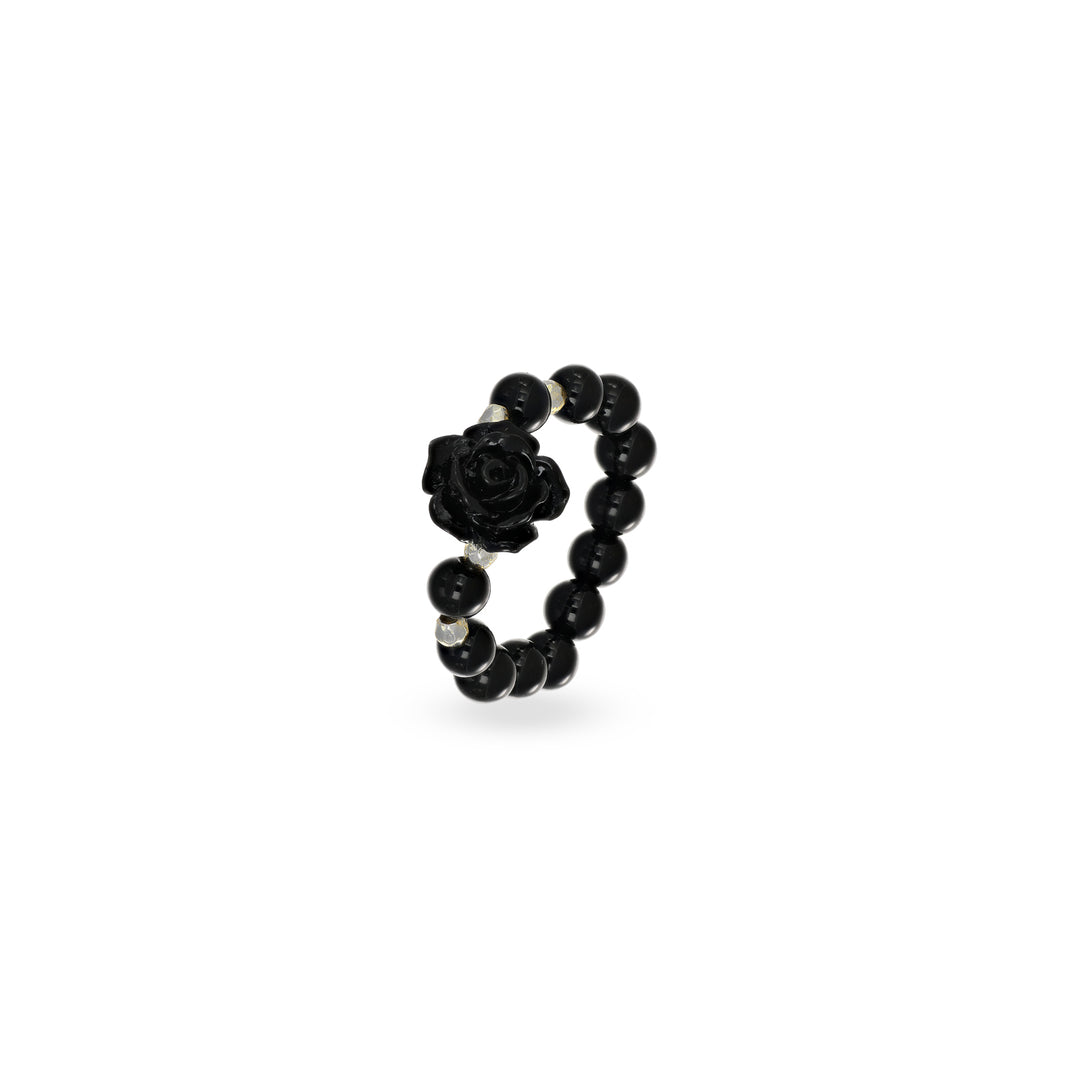 Anello elastico in onice con rosa nera e pallini in ematite silver