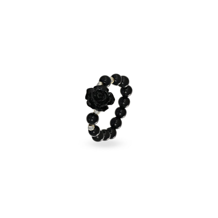 Anello elastico in onice con rosa nera e pallini in ematite silver
