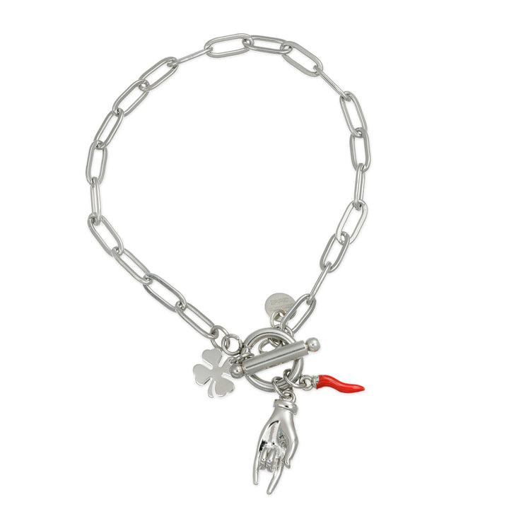 Bracciale con charms portafortuna in acciaio rodiato