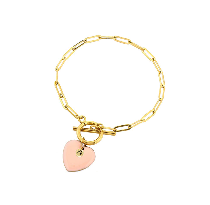 Bracciale cheval con cuore rosa e iniziale in acciaio dorato