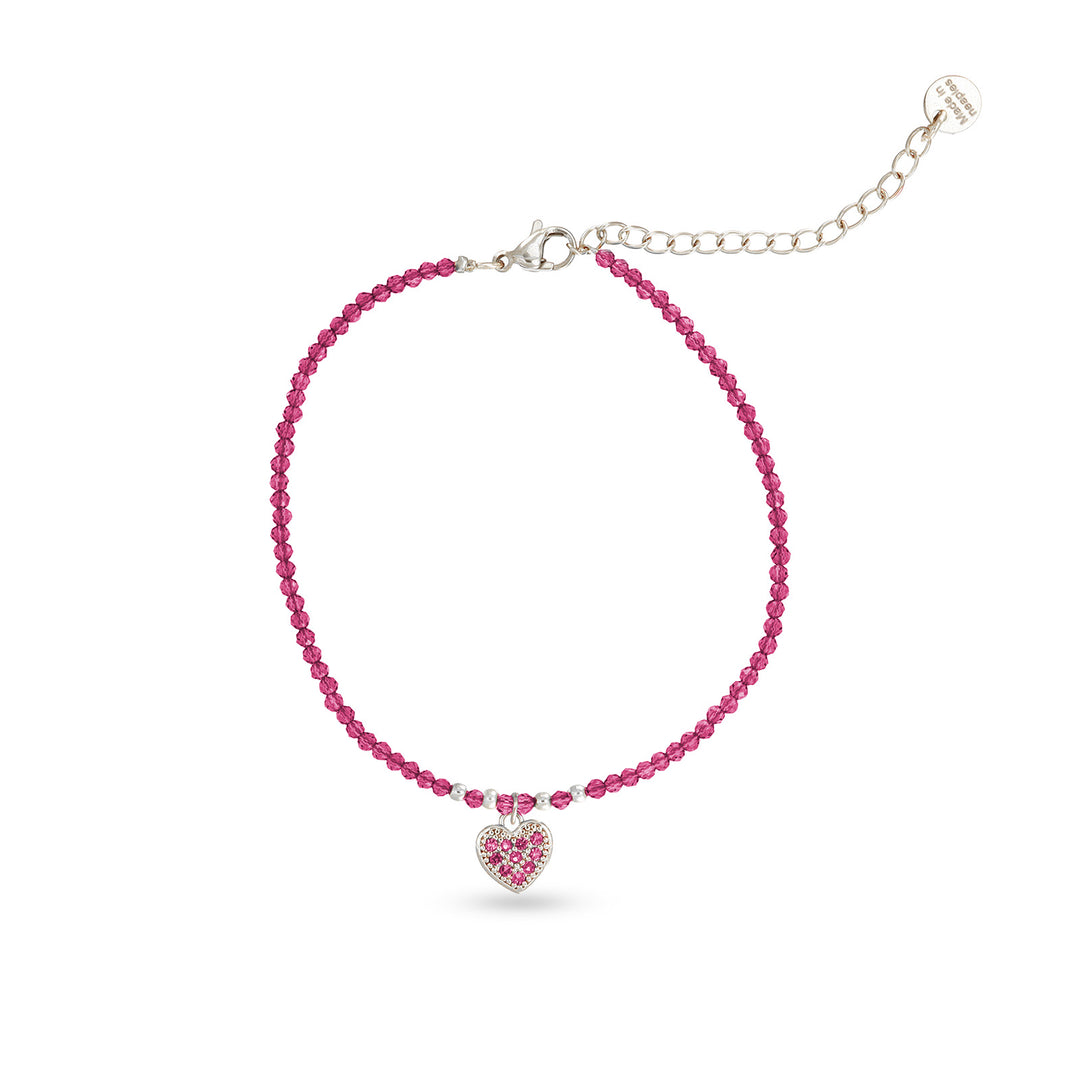Bracciale con cristalli fragola e cuoricino zirconato in acciaio.