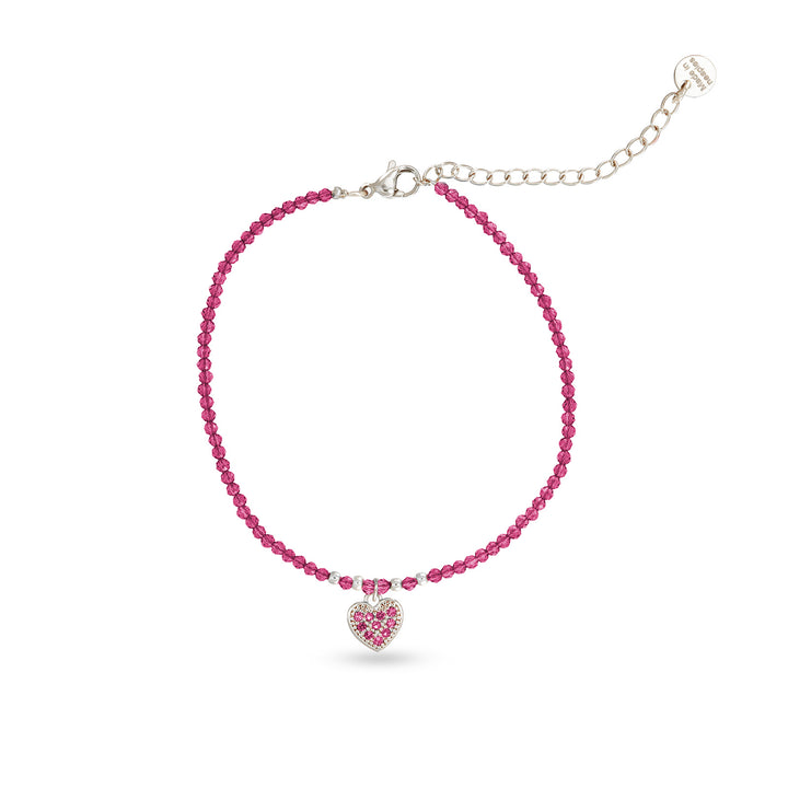 Bracciale con cristalli fragola e cuoricino zirconato in acciaio.