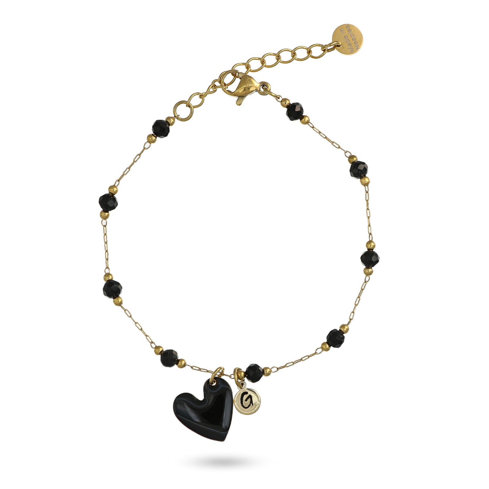 Bracciale cuore nero e iniziale in acciaio dorato