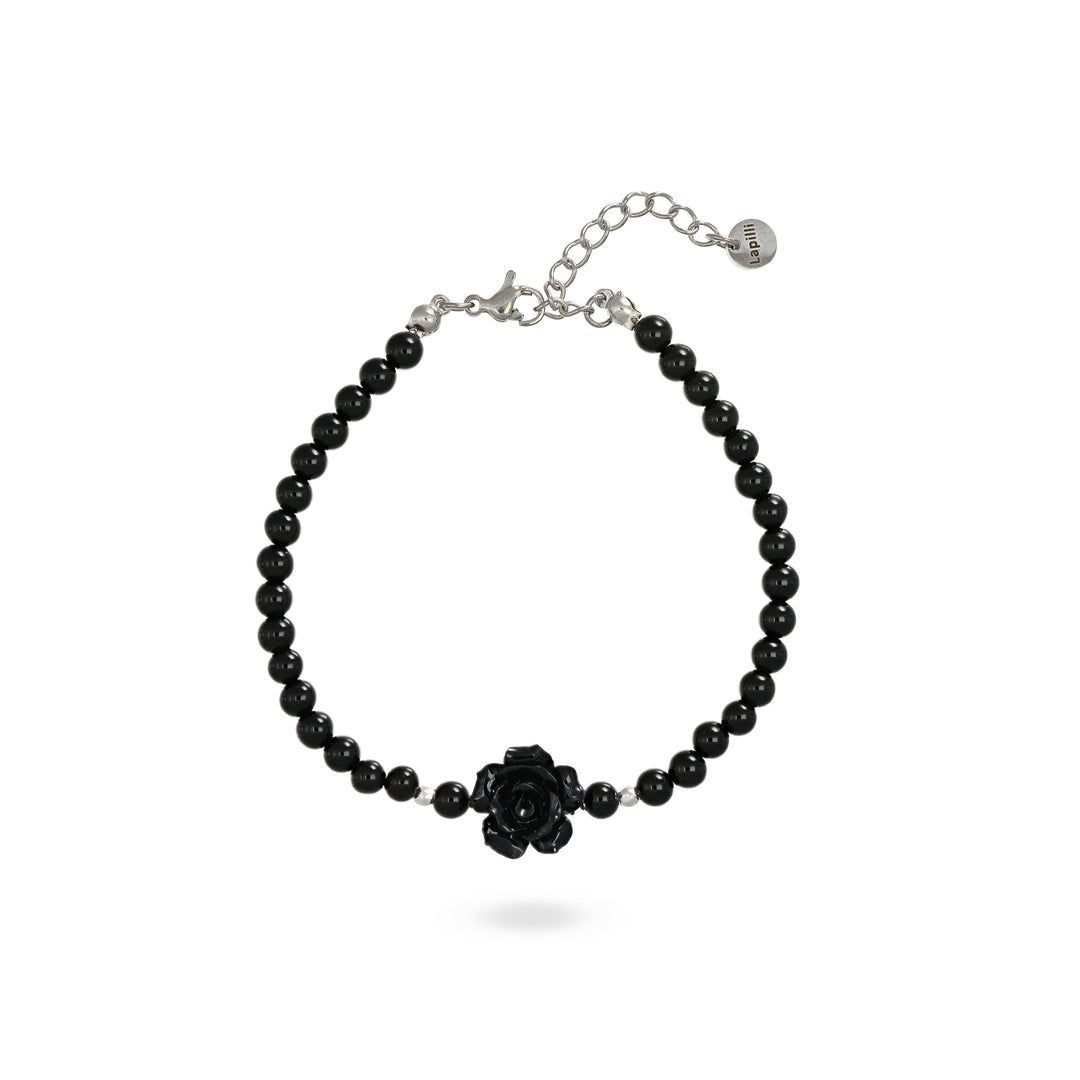 Bracciale in onice nero con rosa nera su acciaio