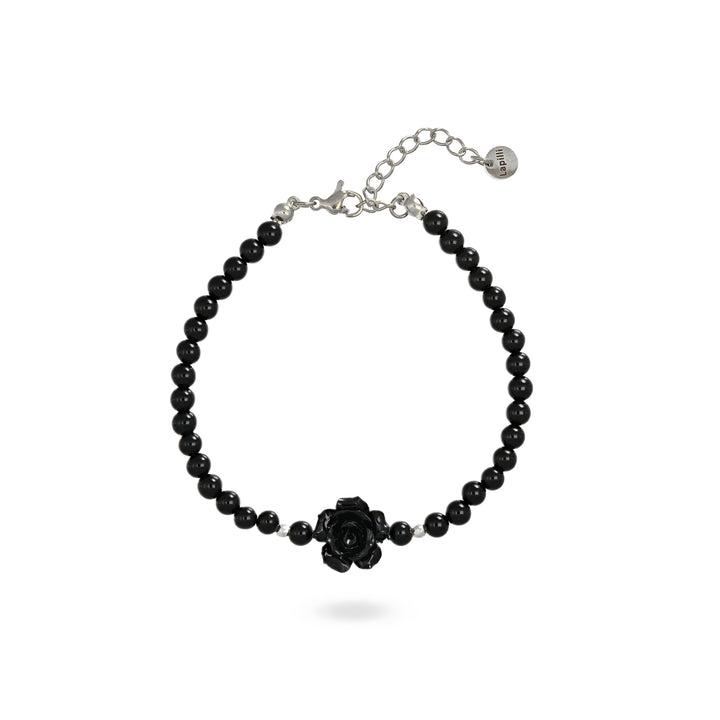Bracciale in onice nero con rosa nera su acciaio