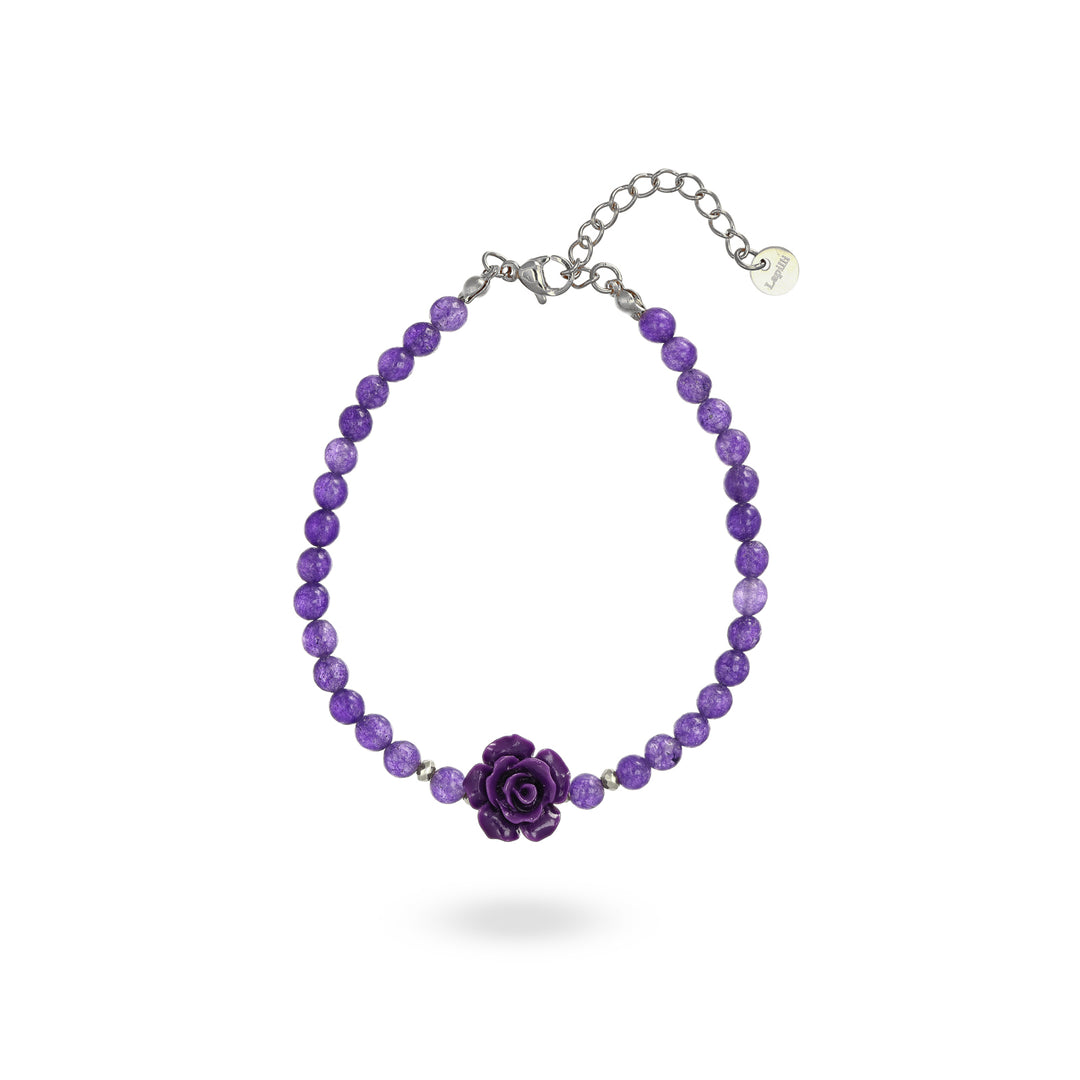Bracciale in ametista con rosa viola su acciaio