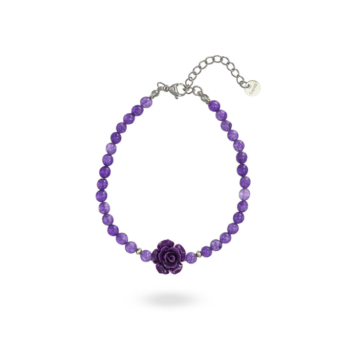 Bracciale in ametista con rosa viola su acciaio