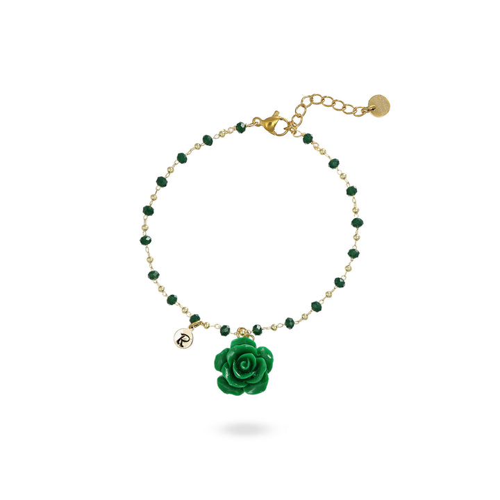 Bracciale verde con rosa e iniziale in acciaio dorato