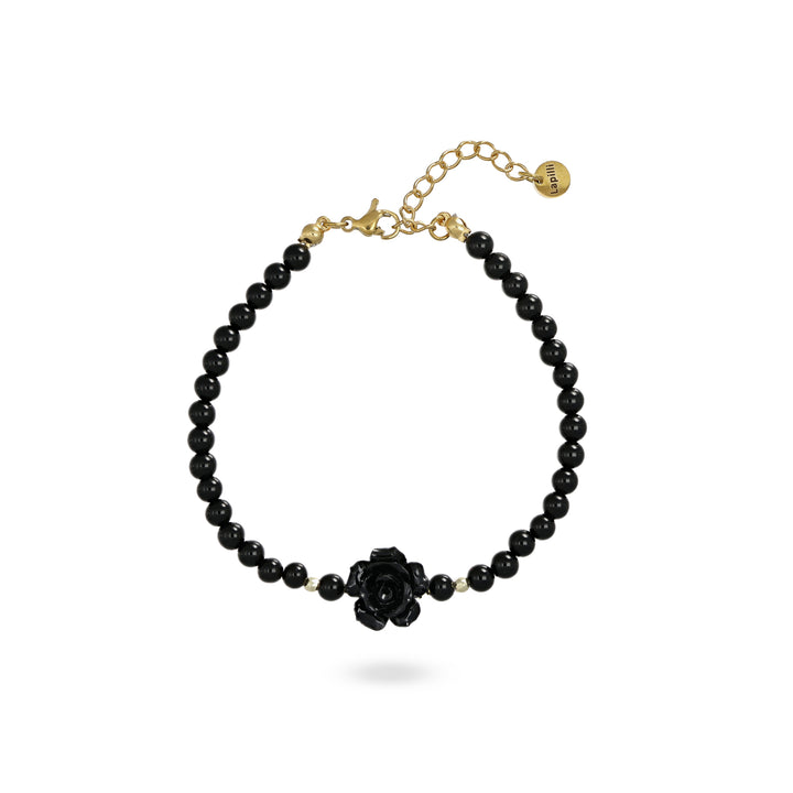 Bracciale in onice nero con rosa nera su acciaio dorato