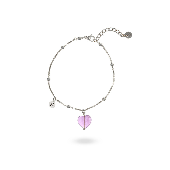 Bracciale con cuore in ametista e iniziale su acciaio