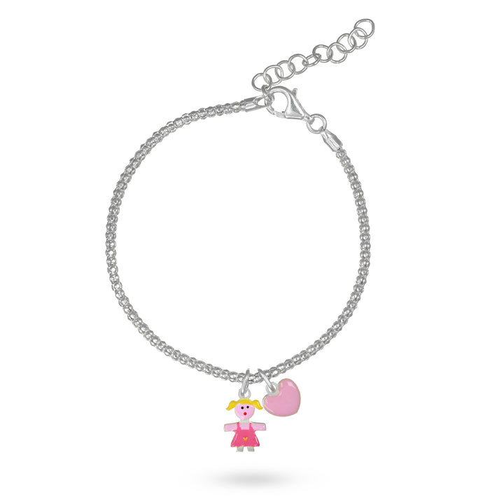 Bracciale pop corn con cuore e bimba in argento 925‰ rodiato