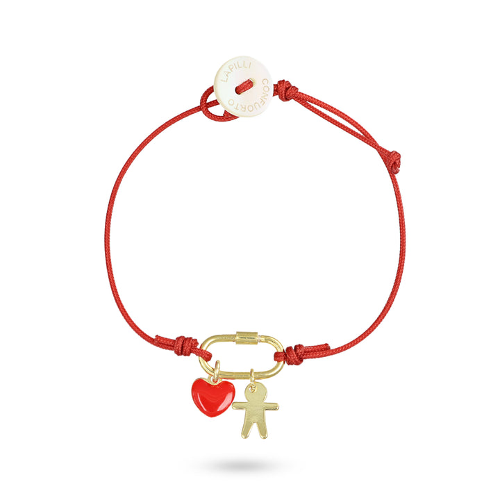 Bracciale cordino nautico rosso con bimbo e cuore smaltato rosso in argento 925‰ dorato