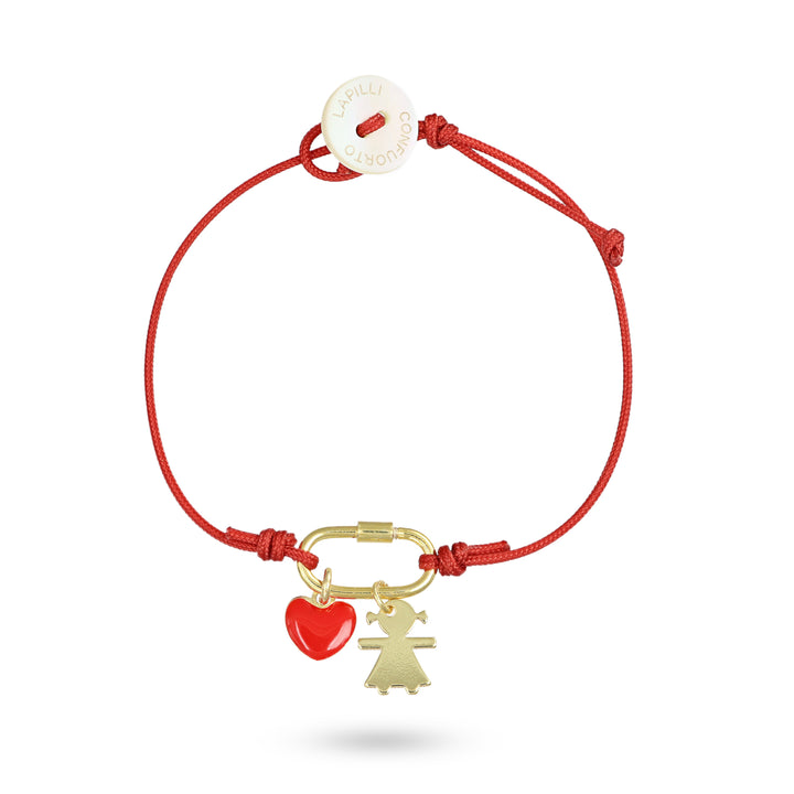 Bracciale cordino nautico rosso con bimba e cuore smaltato rosso in argento 925‰ dorato