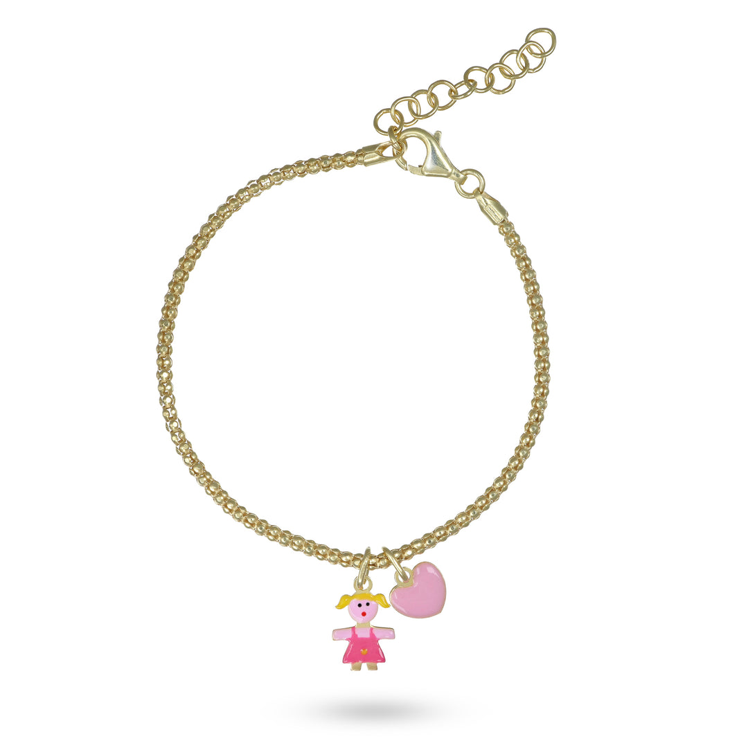 Bracciale pop corn con cuore e bimba in argento 925‰ dorato