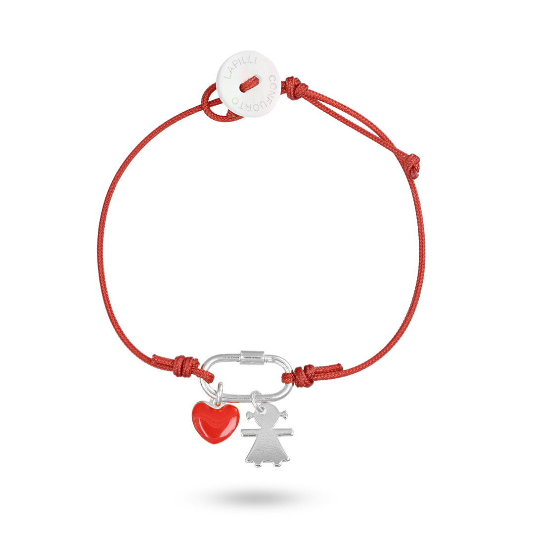 Bracciale cordino nautico rosso con bimba e cuore smaltatao rosso in argento 925‰ rodiato