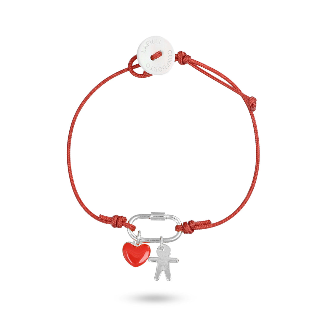 Bracciale cordino nautico rosso con bimbo e cuore smaltato rosso in argento 925‰ rodiato