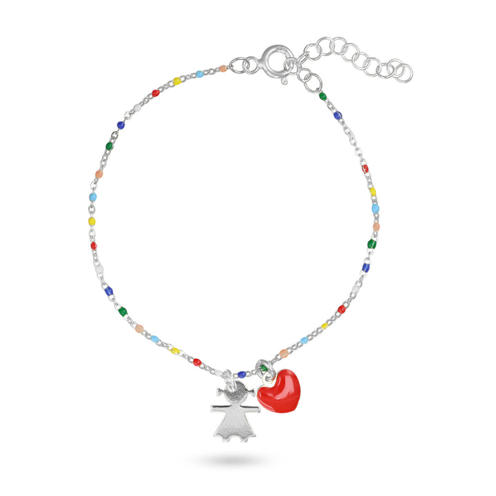 Bracciale catena smaltata multicolor con cuore e bimba in argento 925‰ rodiato