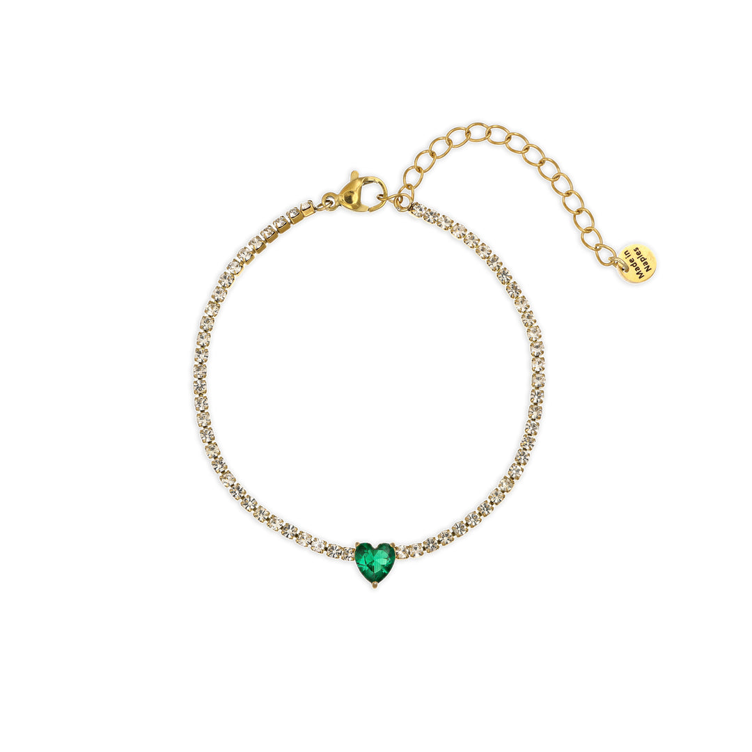 Bracciale tennis cuore smeraldo con cristalli in acciaio dorato