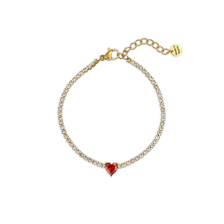 Bracciale tennis cuore rubino con cristalli in acciaio dorato