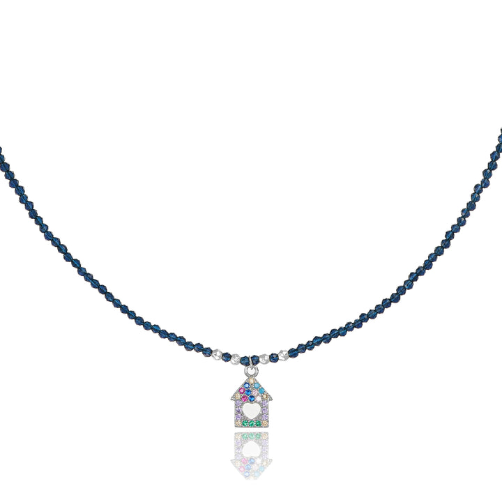 Collana con cristalli blu e casetta zirconata in acciaio