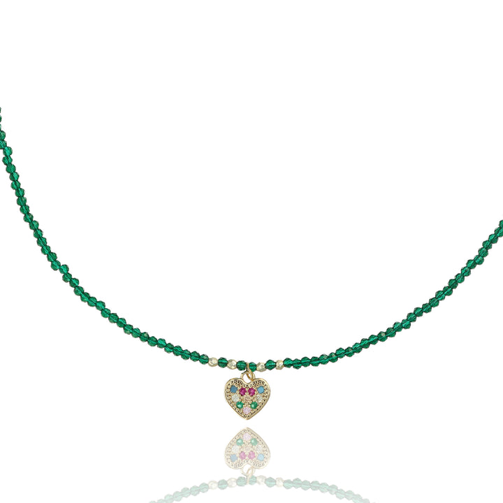 Collana con cristalli verdi e cuoricino zirconato in acciaio dorato