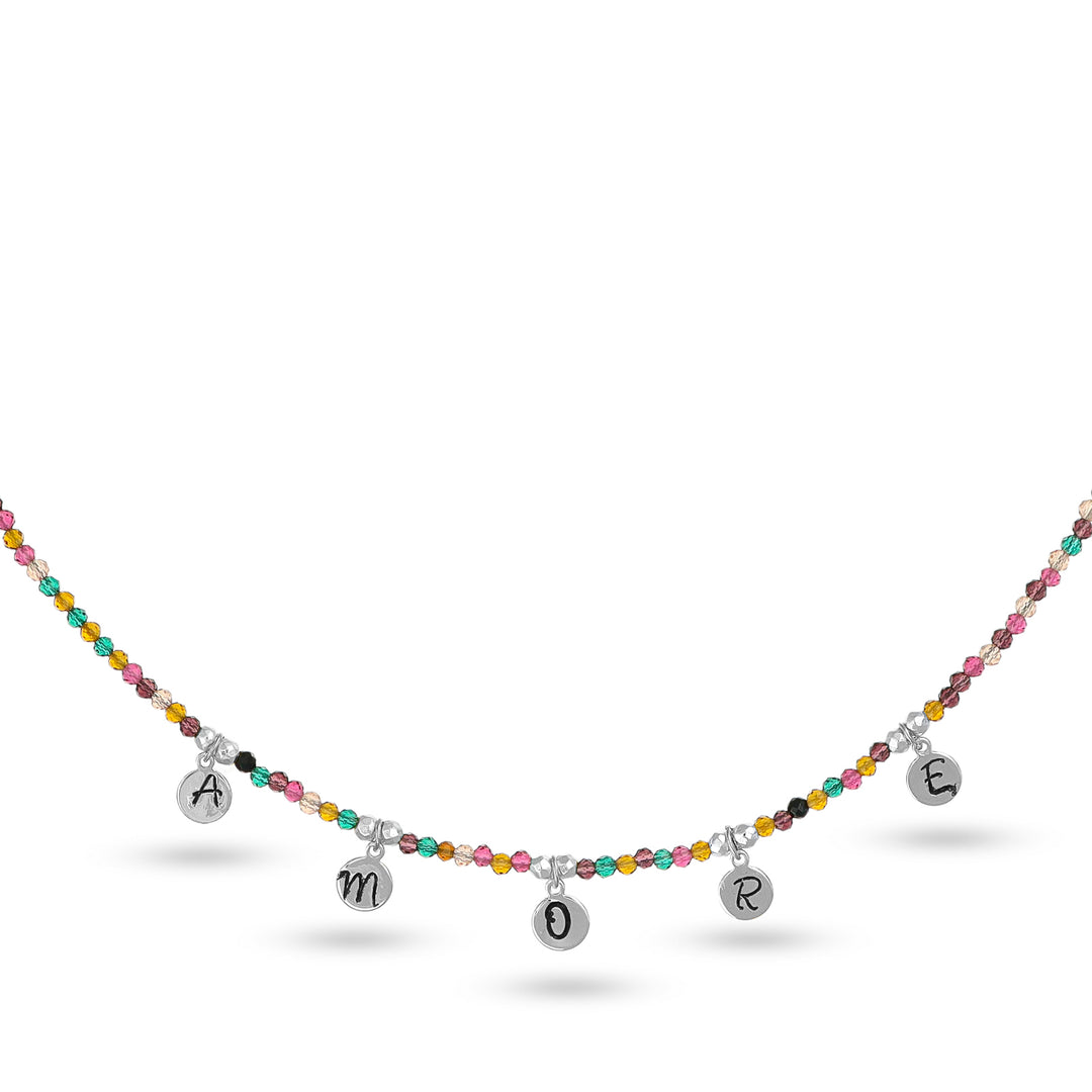 Collana con cristalli multicolor e iniziale in acciaio