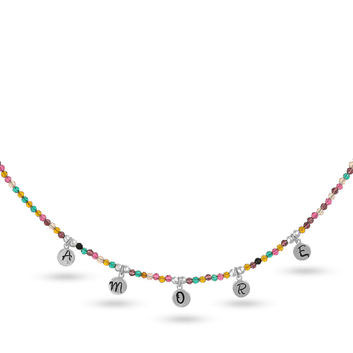 Collana con cristalli multicolor e iniziale in acciaio