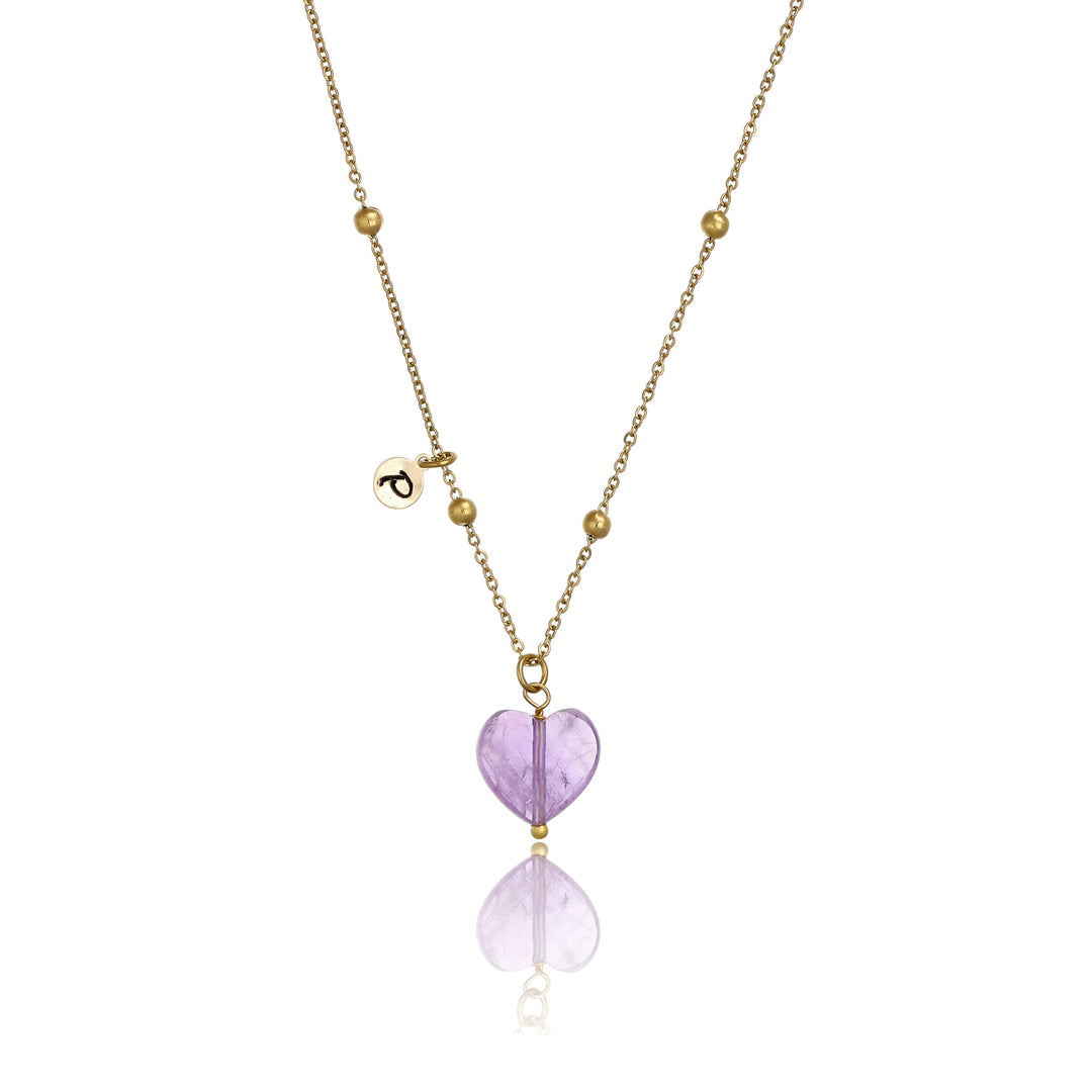 Collana con cuore in ametista e iniziale su acciaio dorato