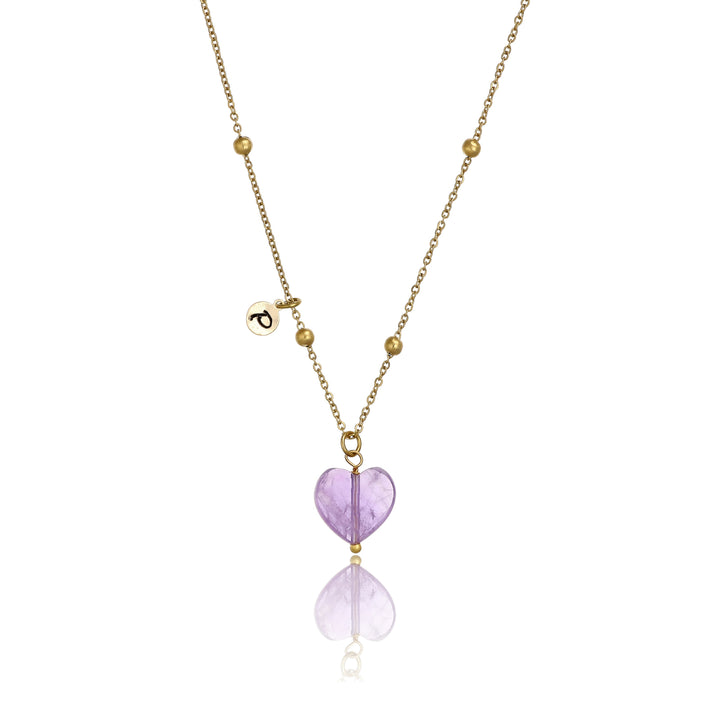 Collana con cuore in ametista e iniziale su acciaio dorato