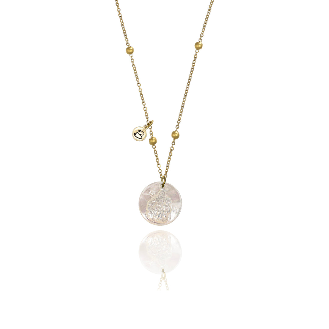 Collana con medaglina sacra Madonna del Rosario in madreperla su acciaio dorato