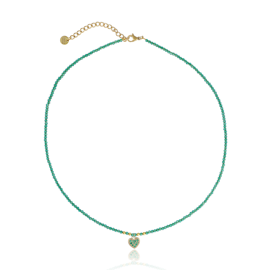 Collana con cristalli verde e cuoricino zirconato in acciaio dorato