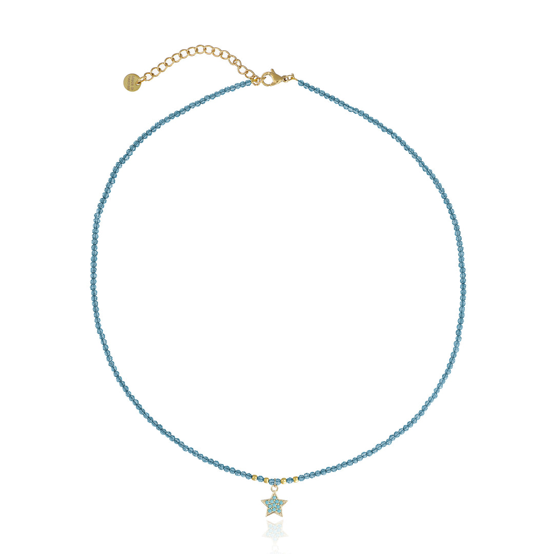 Collana con cristalli azzurro e stellina zirconata in acciaio dorato