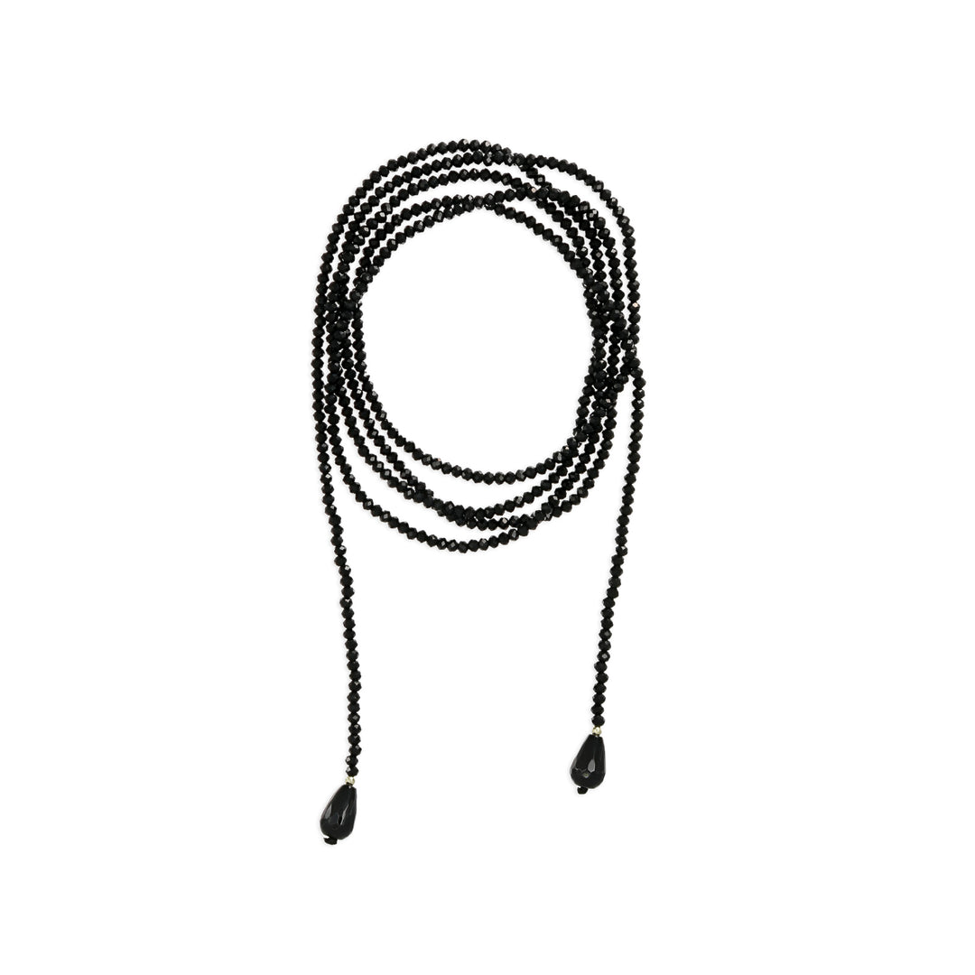Collana a sciarpina con cristalli neri e gocce terminali in onice nero