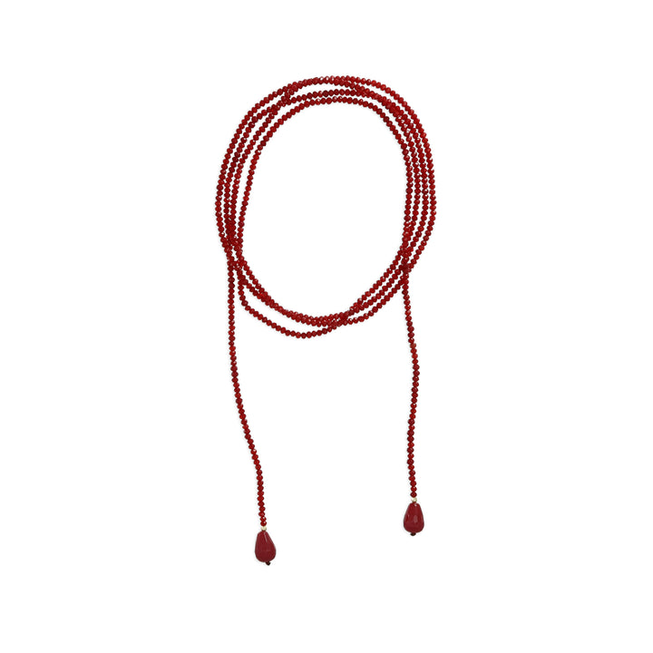 Collana a sciarpina con cristalli porpora e gocce terminali in giada porpora.