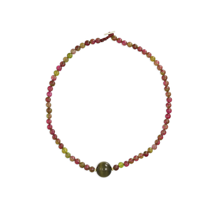 Collana in tormalina con centrale occhio di gatto verde