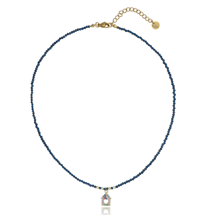 Collana con cristalli blu e casetta zirconata in acciaio dorato