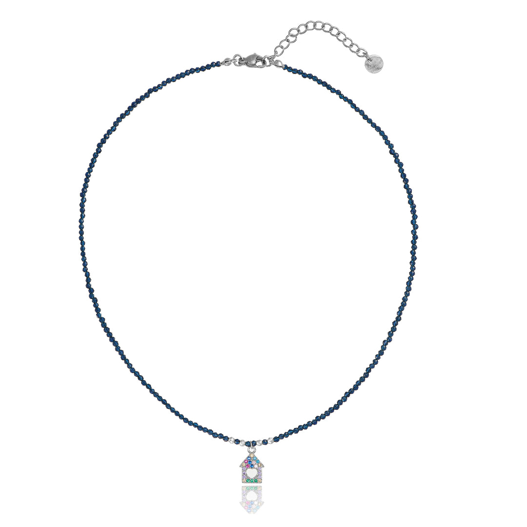 Collana con cristalli blu e casetta zirconata in acciaio