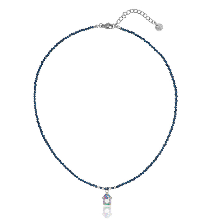 Collana con cristalli blu e casetta zirconata in acciaio