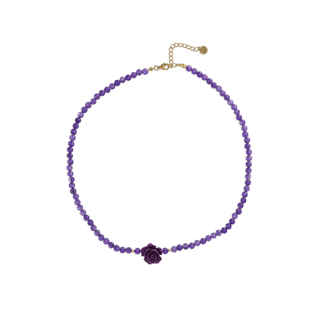 Collana in ametista con rosa viola su acciaio dorato
