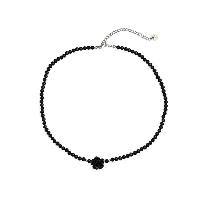 Collana in onice nero con rosa nera su acciaio