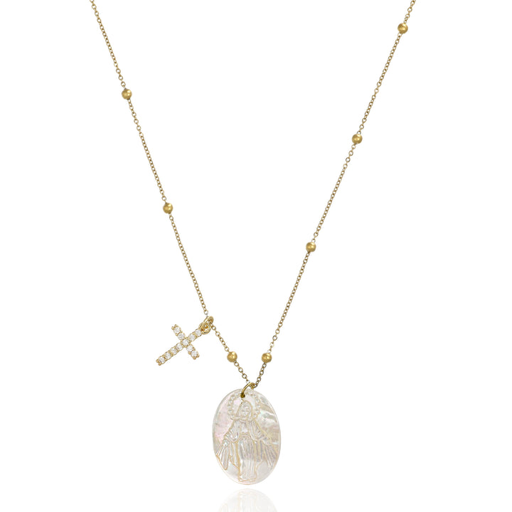 Collana con medaglina sacra Madonna Miracolosa in madreperla su acciaio dorato