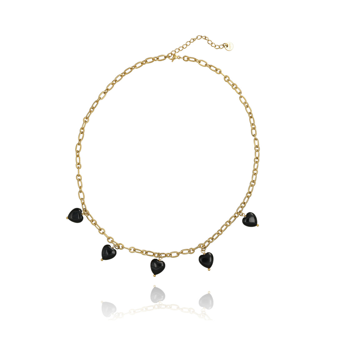Collana con cuori in onice nero su acciaio dorato