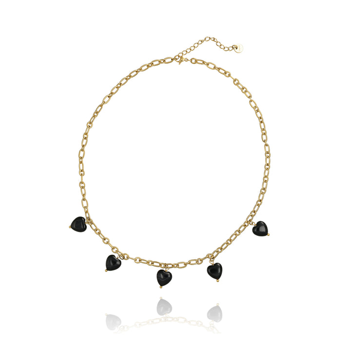 Collana con cuori in onice nero su acciaio dorato