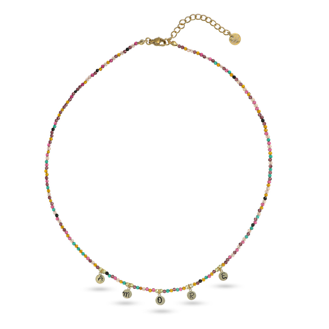 Collana con cristalli multicolor e iniziale in acciaio dorato