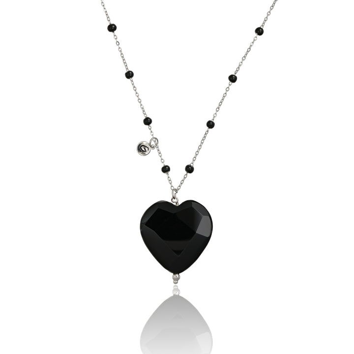 Collana con cuore in onice nero faccettato su catena con pallini neri in acciaio